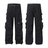 Vintage Washed Multi-Pocket Industrial Cargo Jeans for Men