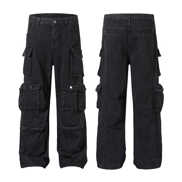 Vintage Washed Multi-Pocket Industrial Cargo Jeans for Men