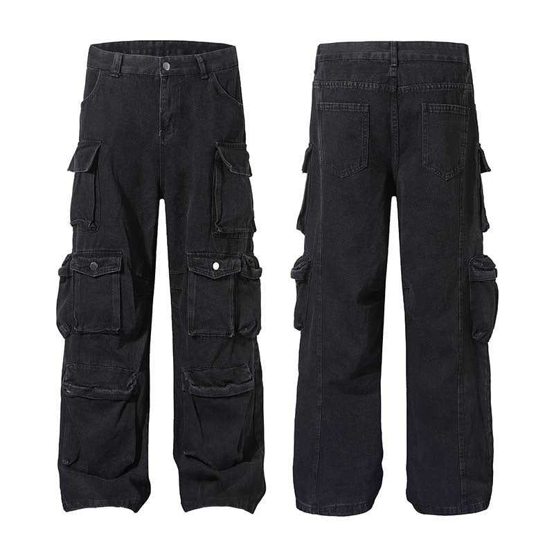 Vintage Washed Multi-Pocket Industrial Cargo Jeans for Men