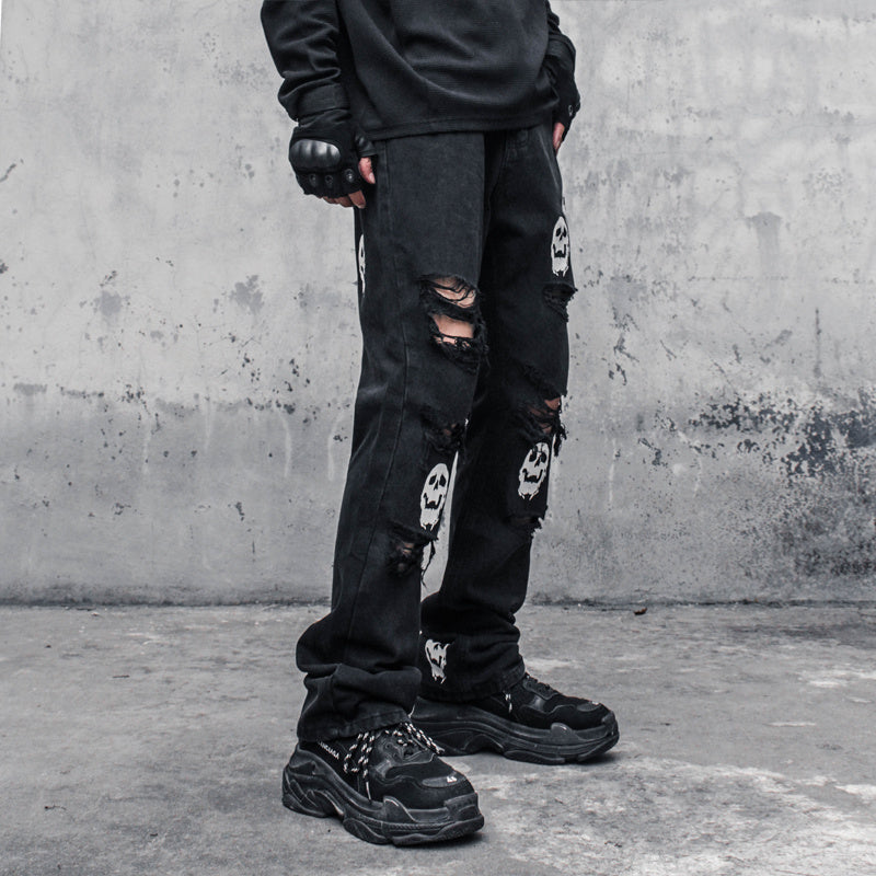 Rebellious Skull Crossbones Distressed Denim - Men's Statement Jeans