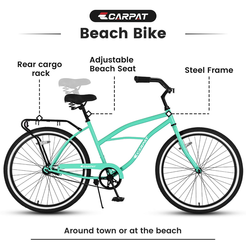 Vélo de plage Cruiser S26204 26 pouces pour hommes et femmes, cadre en acier, transmission monovitesse, conduite confortable en position verticale, plusieurs coloris