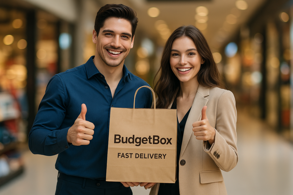 Beautiful couple with woman in stylish jacket and flowing hair holding BudgetBox shopping bag