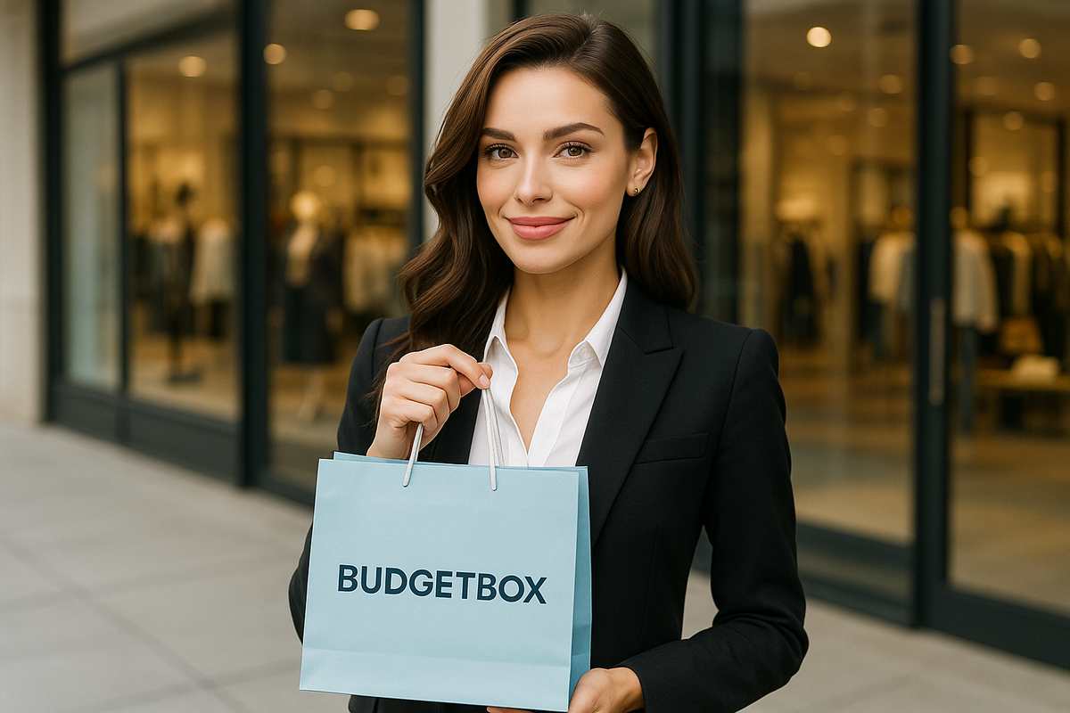 Beautiful professional lady with diagonal face angle holding blue BudgetBox bag