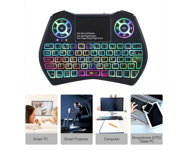 Wireless RGB Backlit Mini Keyboard with Touchpad - 3-in-1 Gaming Remote Control