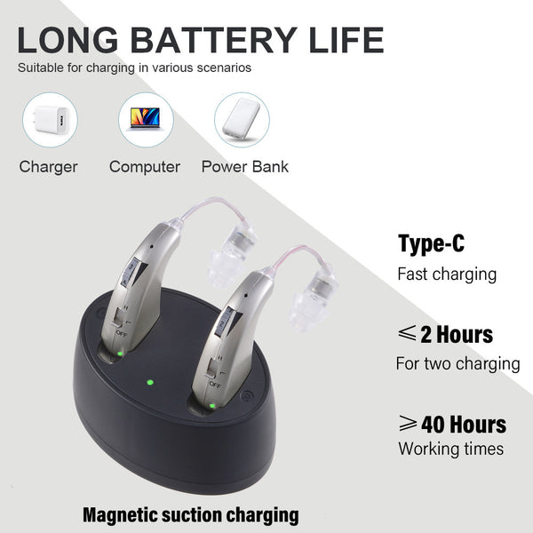 Rechargeable Digital Hearing Aid with Charging Case - Behind-the-Ear Sound Amplifier