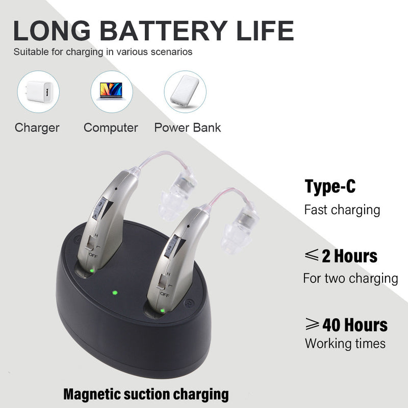 Rechargeable Digital Hearing Aid with Charging Case - Behind-the-Ear Sound Amplifier