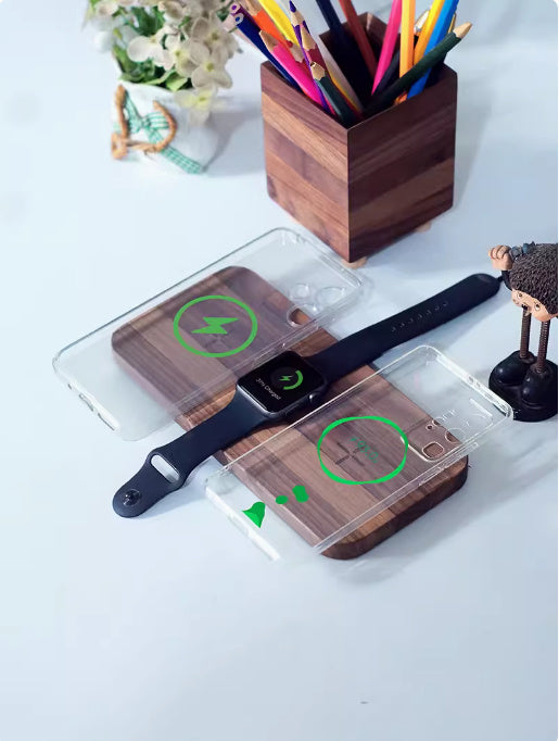 Premium Black Walnut 3-in-1 Wireless Charging Station - Watch, Phone & Headset Charger