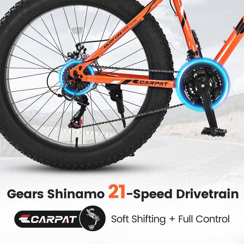 S26109 26 Inch Fat Tire Bike Adult-Youth Full Shimano 21 Speed Mountain Bike, Dual Disc Brake, High-Carbon Steel Frame, Front Suspension, Mountain Trail Bike, Urban Commuter City Bicycle
