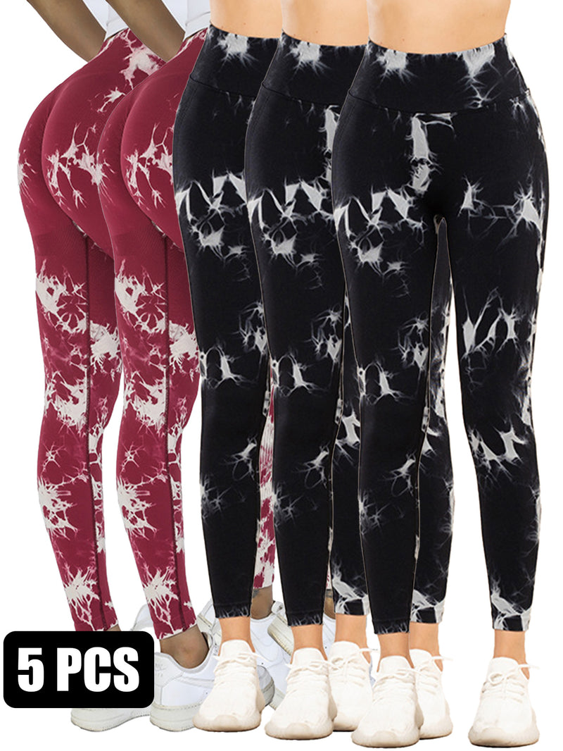 Premium 5-Piece Tie-Dye Yoga Leggings Set - High-Performance Fitness Collection