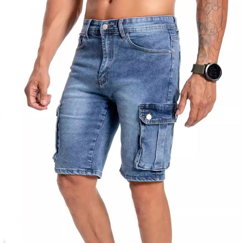 Men's Light Blue Denim Cargo Shorts - Multi-Pocket Summer Workwear