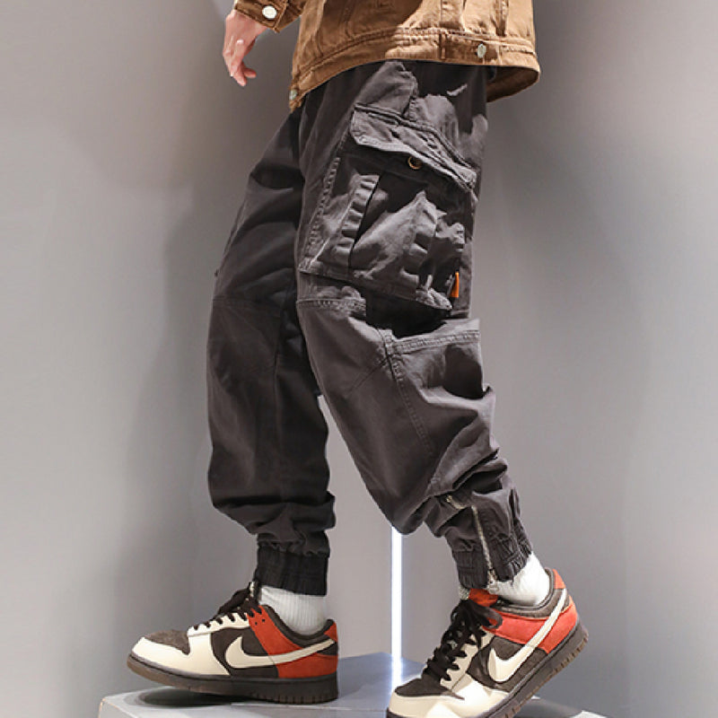 Contemporary Zipper Cargo Pants - Unique Foot Binding Design for Modern Men