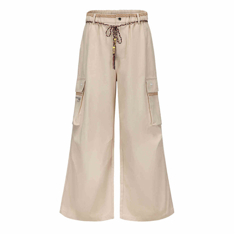 Comfortable Cotton Wide-Leg Workwear Overalls with Ribbon Waist Strap