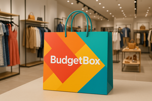 Colorful BudgetBox shopping bag with clothing store background