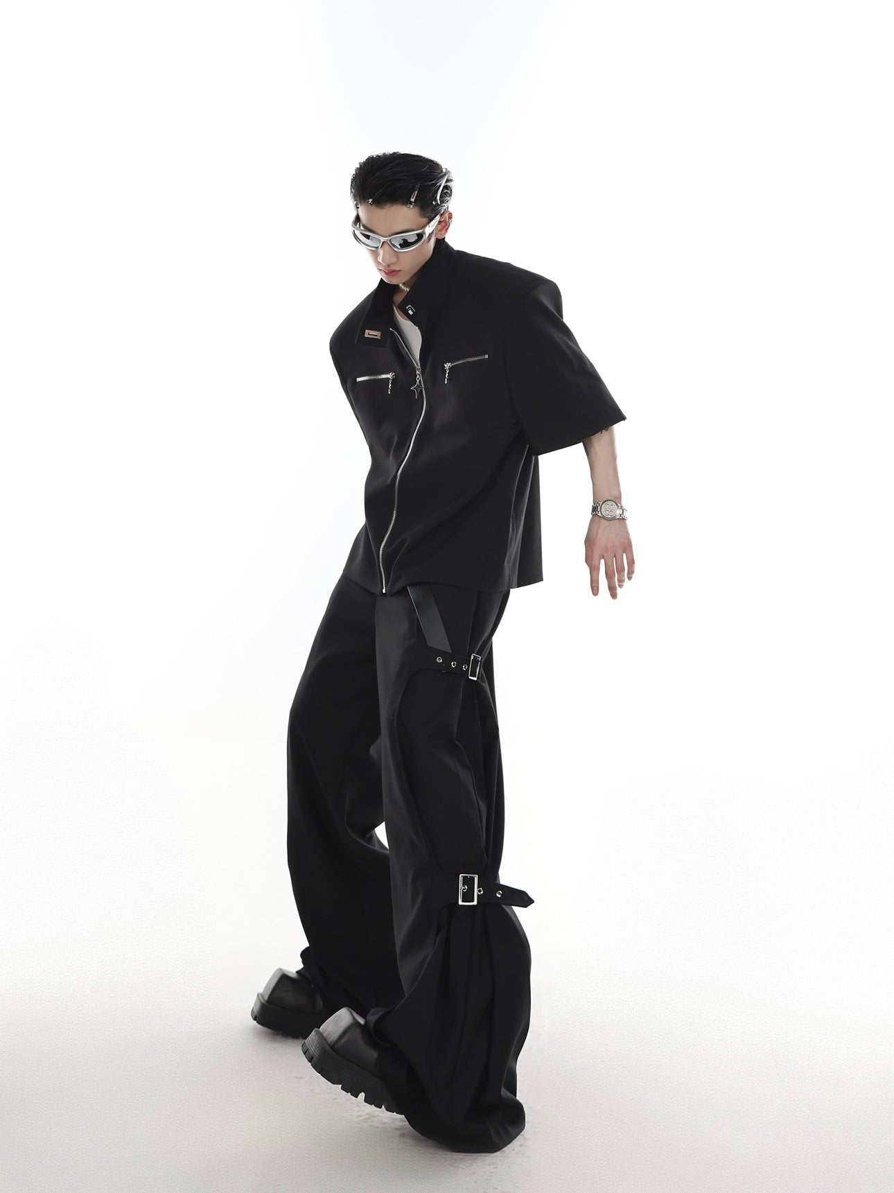 Breathable Polyester Wide-Leg Cargo Pants with Decorative Straps