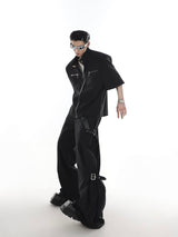 Breathable Polyester Wide-Leg Cargo Pants with Decorative Straps