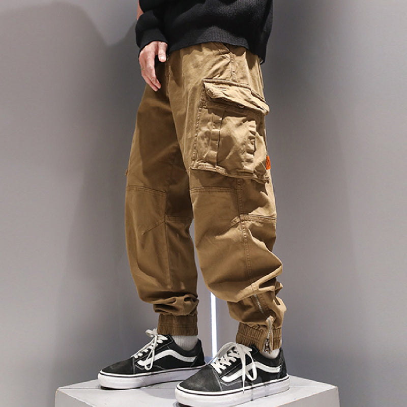 Contemporary Zipper Cargo Pants - Unique Foot Binding Design for Modern Men