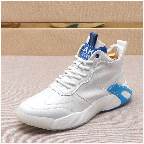 Men's Premium White & Blue High-Top Sneakers - Color Block Design Casual Shoes