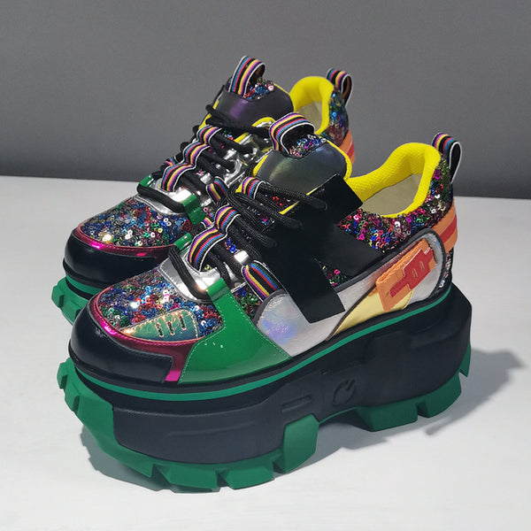 Premium Leather Platform Shoes - Men's Height Enhancing Sequin Color-Block Sneakers