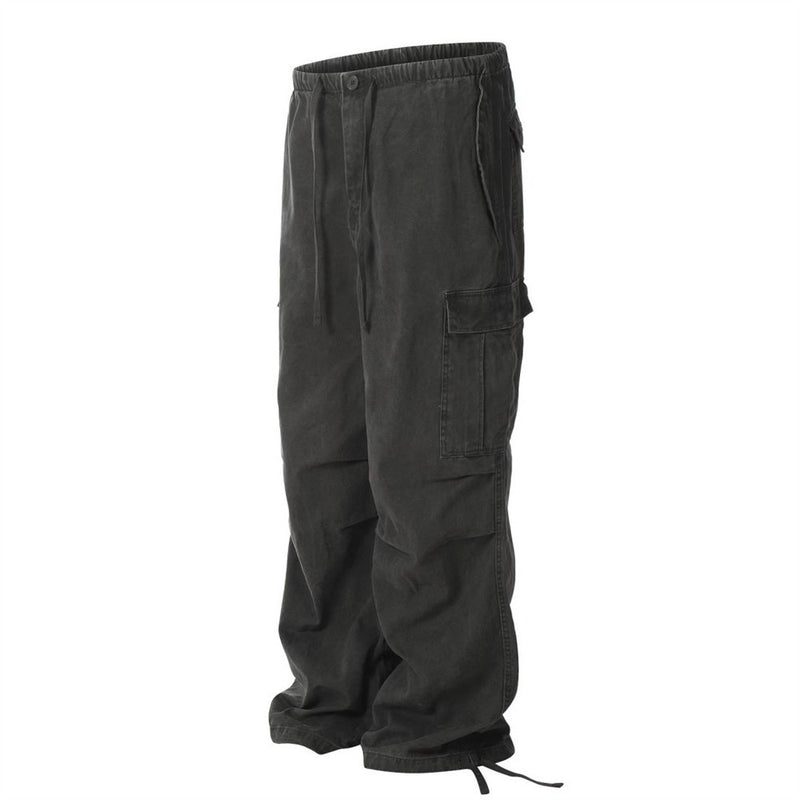 Men's Cotton Cargo Overalls - Pleated Drawstring Straight Leg Pants
