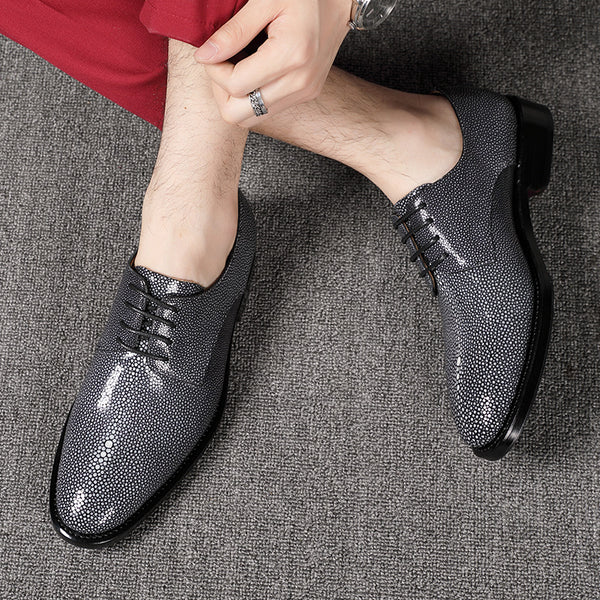 Premium Pearl Fish Skin Men's Business Dress Shoes - Handcrafted Lace-Up Low Heel Leather Shoes