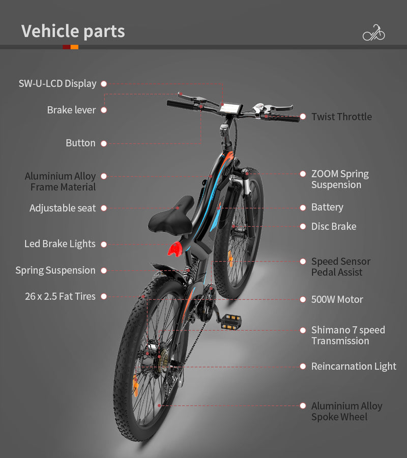 High-Performance Electric Mountain Bike - 26" 500W Motor, 48V 15AH Battery, Front Suspension & Dual Disc Brakes