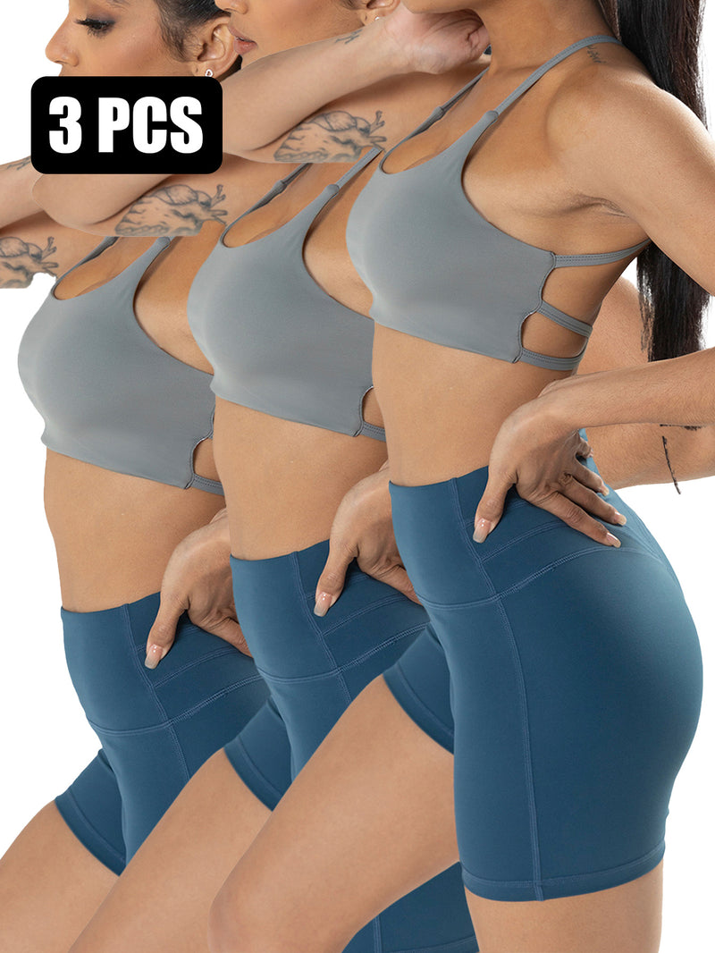 Premium 3-Pack Sports Bras - Padded Strappy Design with Removable Cups for Medium Support