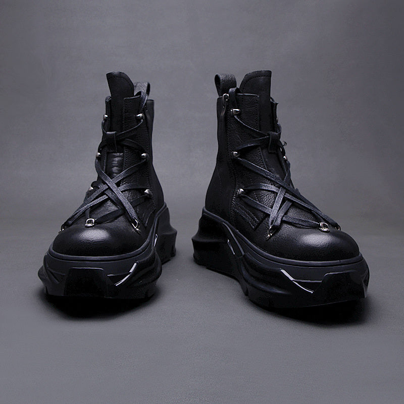 Rugged Leather Martin Boots - Winter Motorcycle Boots with Side Zipper & Thick Sole