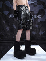 Stylish Black PU Leather Shorts - Men's Casual Cropped Pants with Ring Detail