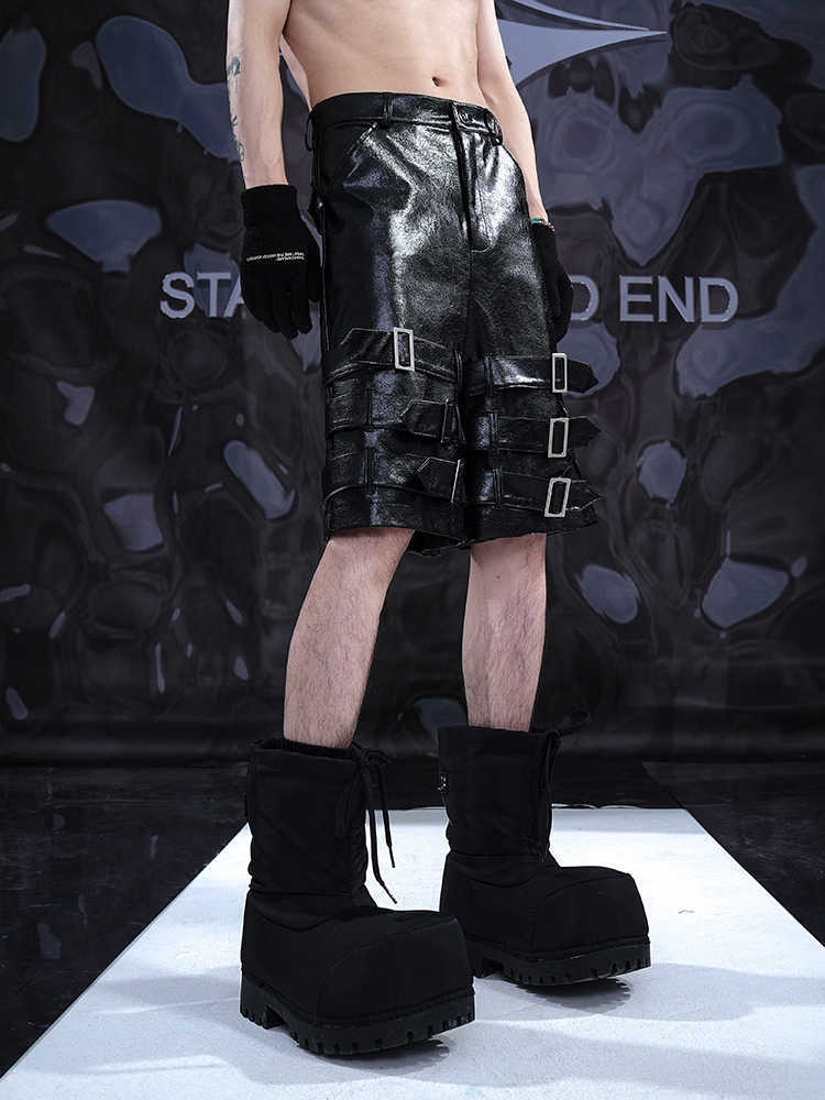 Stylish Black PU Leather Shorts - Men's Casual Cropped Pants with Ring Detail