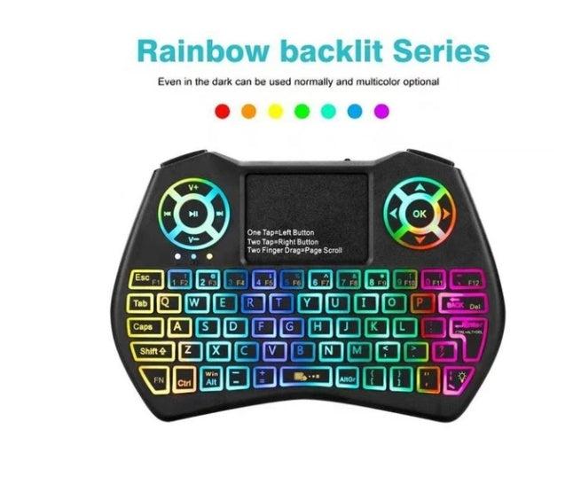 Wireless RGB Backlit Mini Keyboard with Touchpad - 3-in-1 Gaming Remote Control