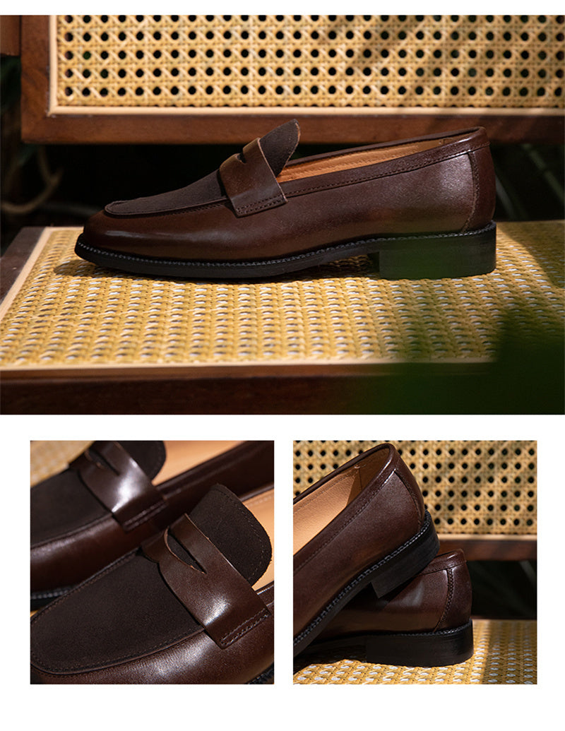 Premium Square Toe Men's Leather Color Block Casual Shoes - Comfortable Daily Wear