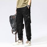 Men's Multi-Pocket Cotton Work Pants - Elastic Waist Casual Cargo Trousers