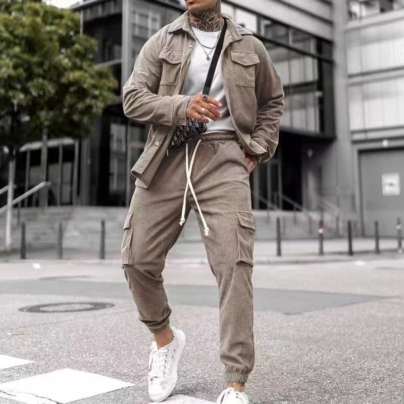Casual Cotton Blend Sports Suit Set - Men's Long Sleeve Jacket & Trousers
