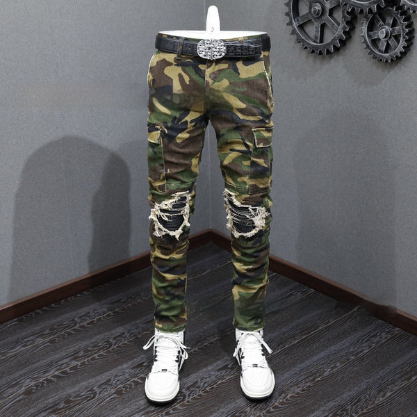 Men's Camouflage Distressed Jeans - Mid-Rise Cotton Casual Pants