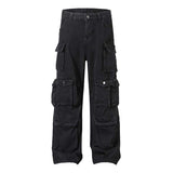 Vintage Washed Multi-Pocket Industrial Cargo Jeans for Men