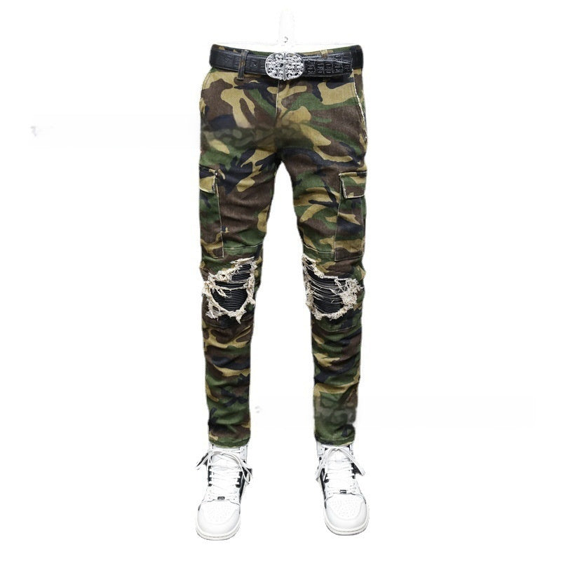 Men's Camouflage Distressed Jeans - Mid-Rise Cotton Casual Pants