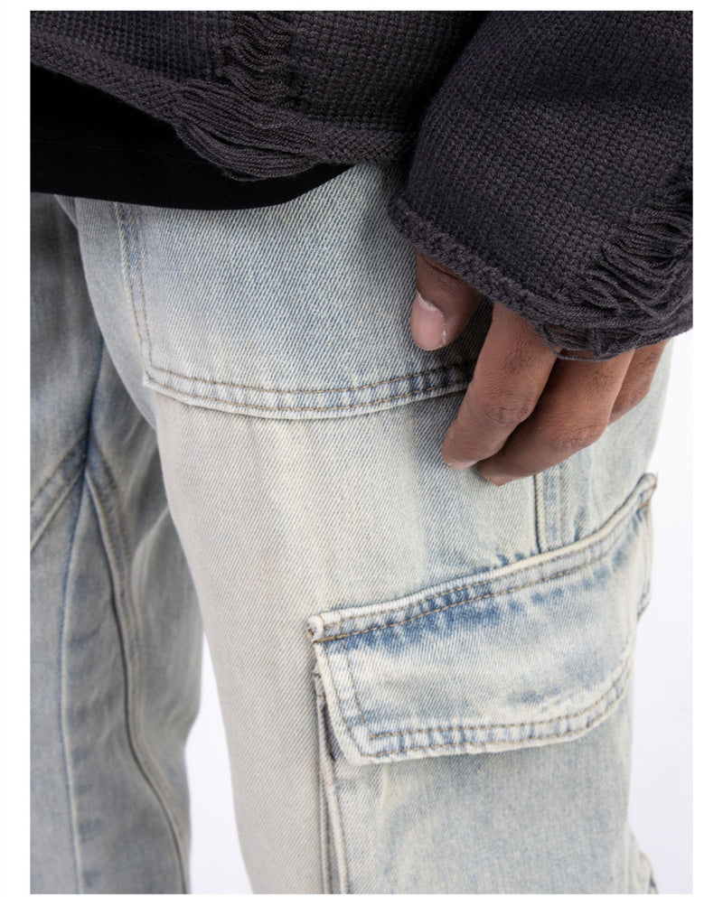 Vintage Washed Denim Jeans with Zipper Hem Detail - Men's Casual Pants