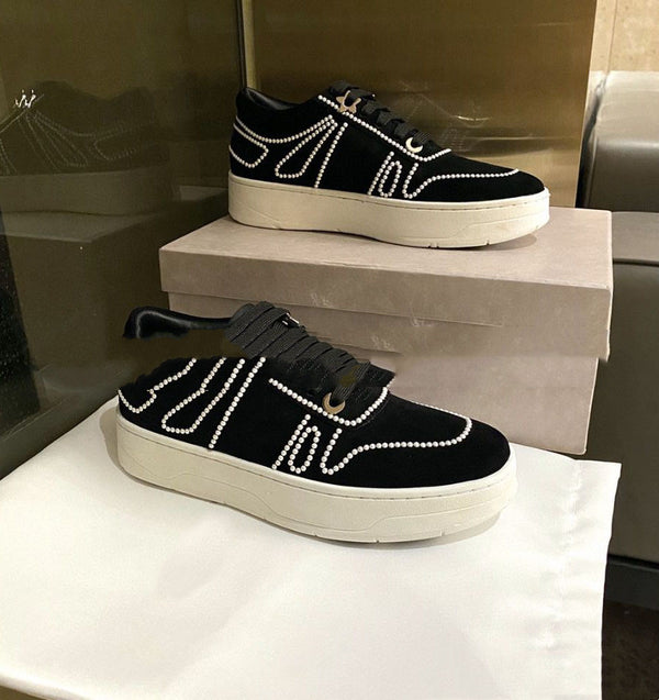 Premium Pearl Sequin Platform Sneakers - Trendy Lace-Up Casual Sports Shoes