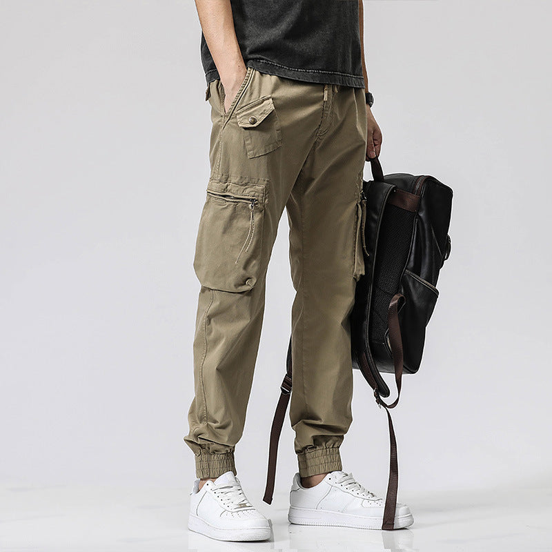 Men's Multi-Pocket Cotton Work Pants - Elastic Waist Casual Cargo Trousers