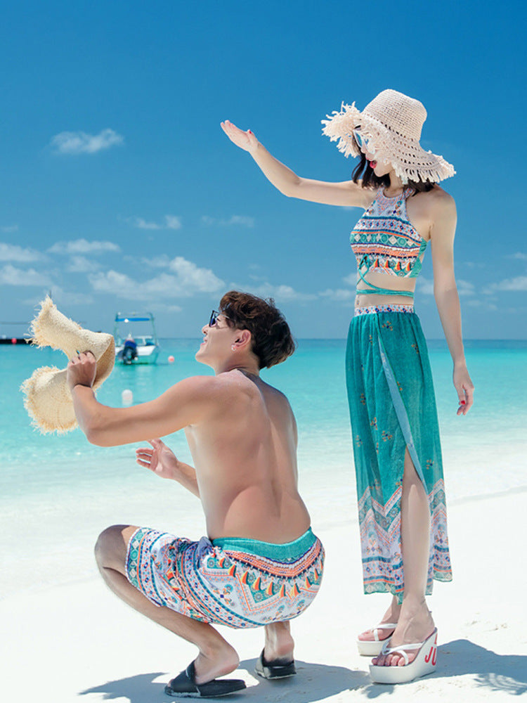 Stylish Couple Split Swimsuit Set - Polyester Beach Swimwear for Men & Women
