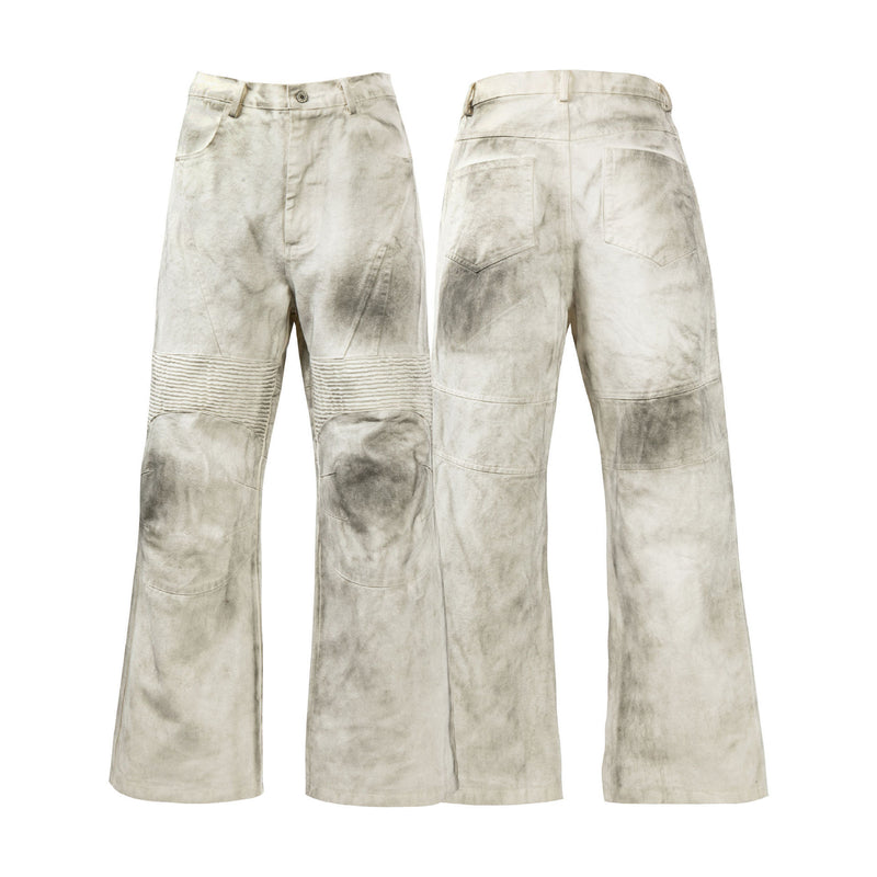 Vintage Washed Cargo Trousers - Men's Straight Fit Cotton Pants with Pleated Stitching