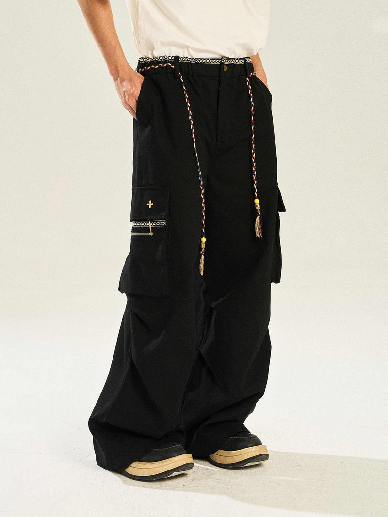 Comfortable Cotton Wide-Leg Workwear Overalls with Ribbon Waist Strap
