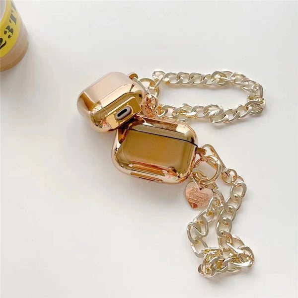 Elegant Heart Chain AirPods Case - Gold Plated Wireless Earbuds Cover