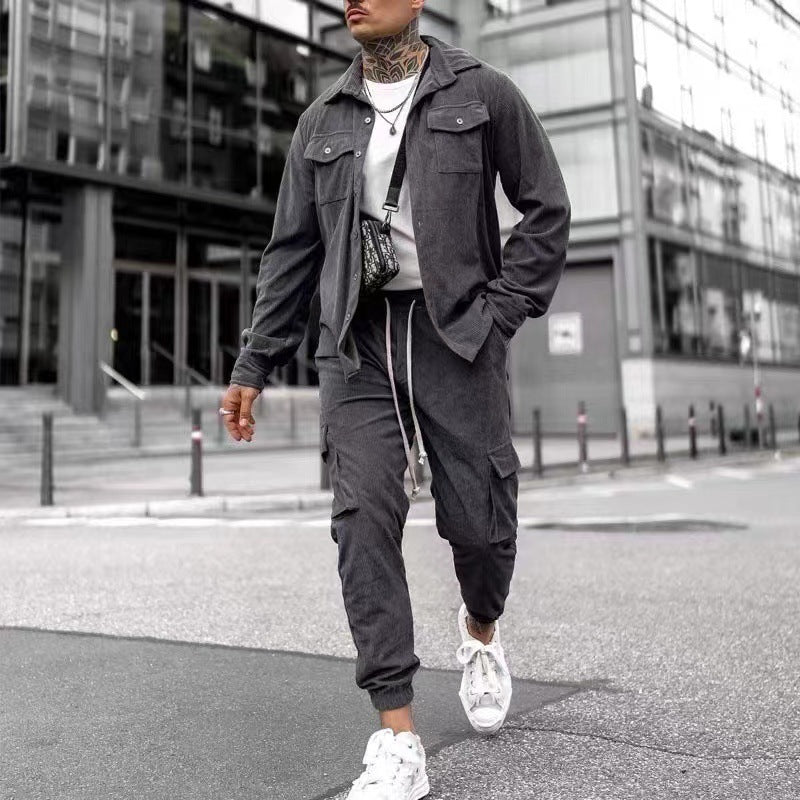 Casual Cotton Blend Sports Suit Set - Men's Long Sleeve Jacket & Trousers