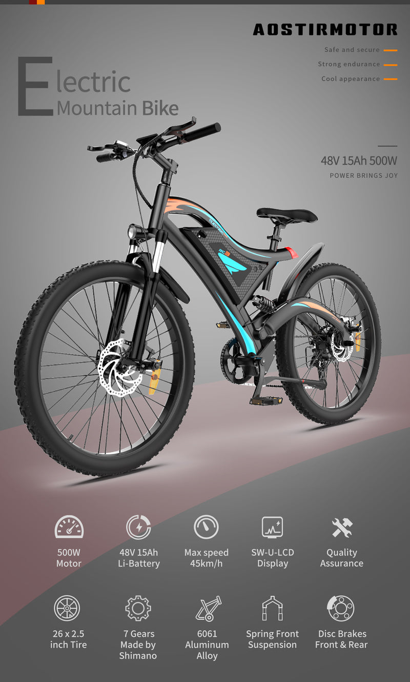 High-Performance Electric Mountain Bike - 26" 500W Motor, 48V 15AH Battery, Front Suspension & Dual Disc Brakes
