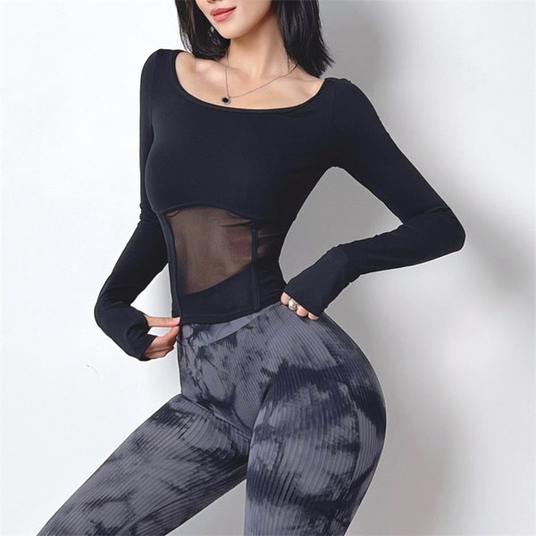 Women's Mesh Panel Quick-Dry Athletic Long Sleeve Top - Breathable Gym Wear