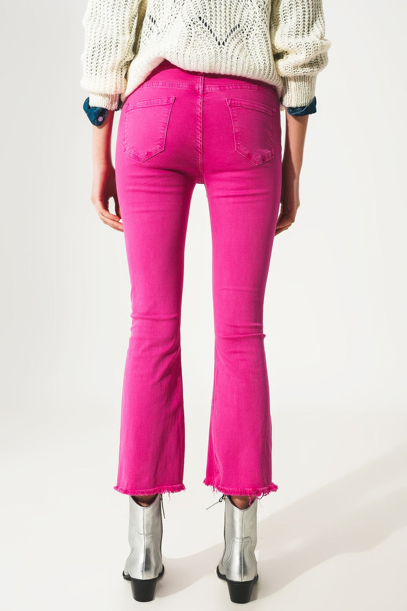 Flare Jeans With Raw Hem Edge in Fuchsia