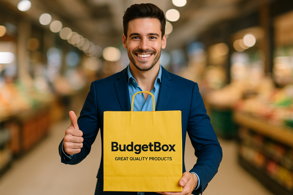 Handsome man in blue outfit holding large yellow BudgetBox shopping bag with thumbs up