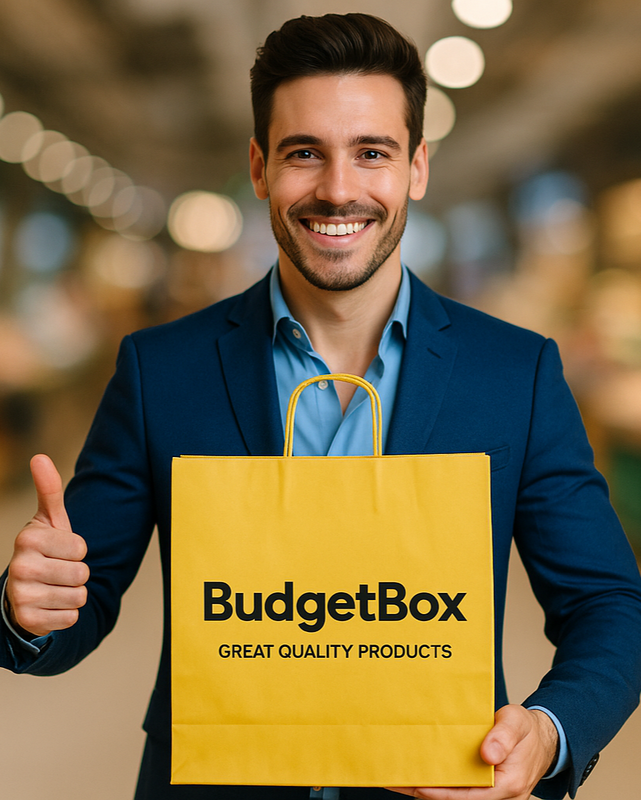 Handsome man in blue outfit holding large yellow BudgetBox shopping bag with thumbs up