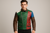 Handsome man wearing the multicolored leather jacket